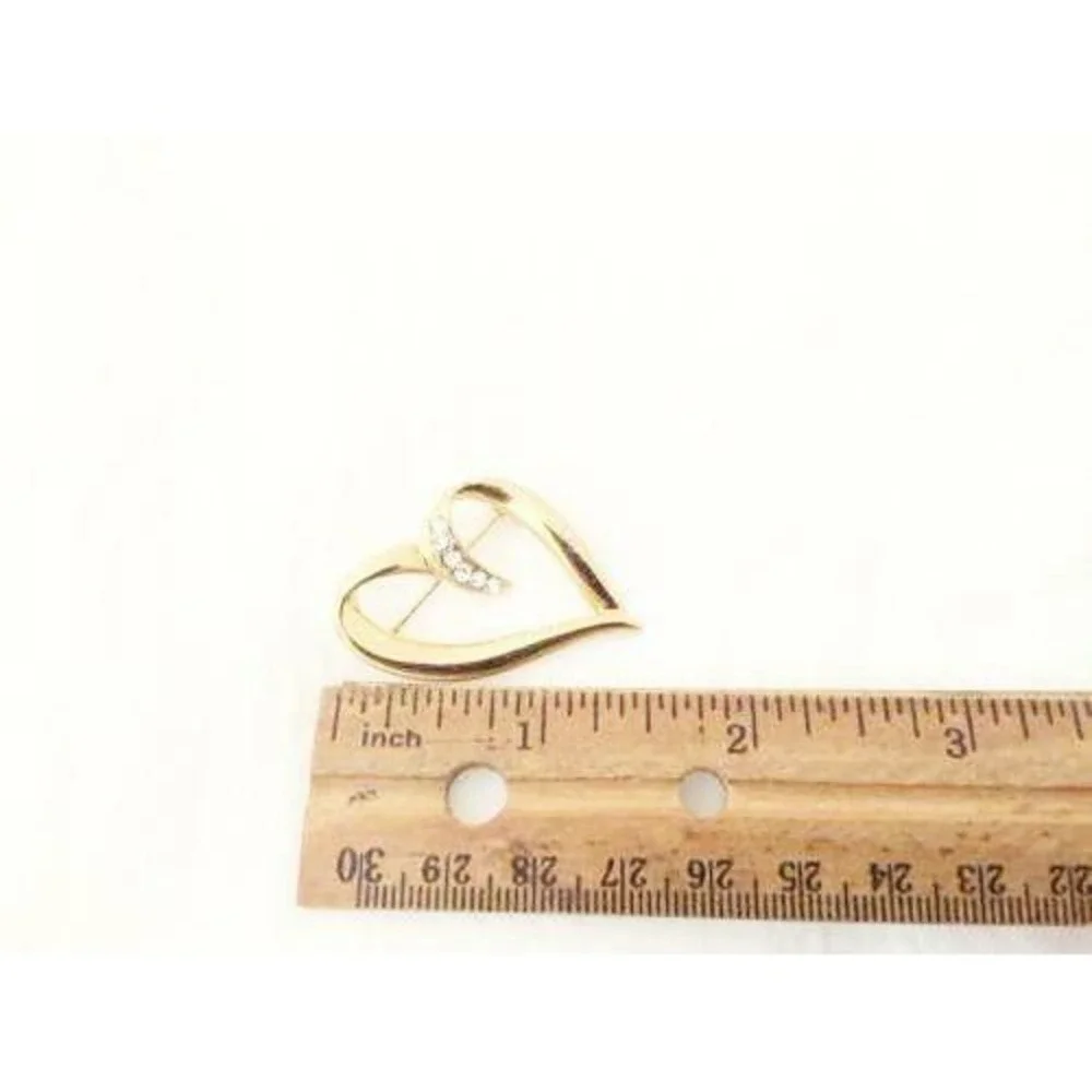 Vintage Gold Plated Pretty Abstract HEART Clear Rhinestone‎ Brooch Pin*LOVE
